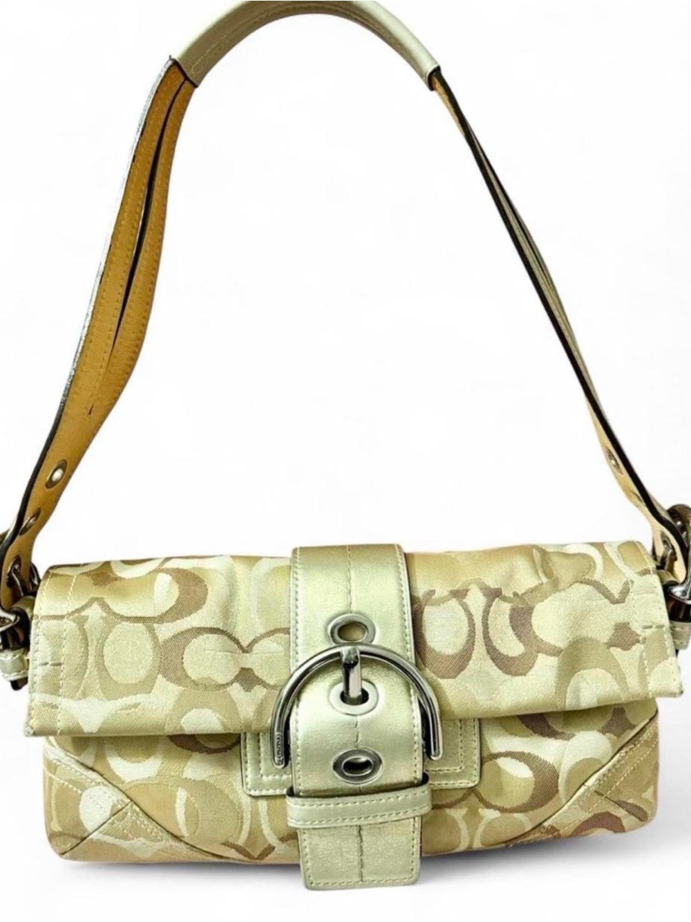 Vintage Coach Beige Signature Jacquard Shoulder Bag with Buckle